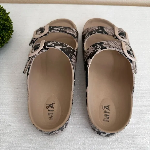 MIA Girl Snake Print Taupe/Black Dual Buckle Lightweight Slide Sandals Women’s 7 - Picture 6 of 8